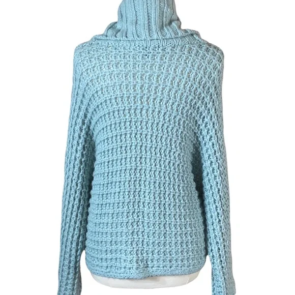 🚫SOLD🚫Express Aqua Seafoam Chunky Knit Cowl Neck Dolman Sleeve Slouchy Sweater - Picture 2 of 7